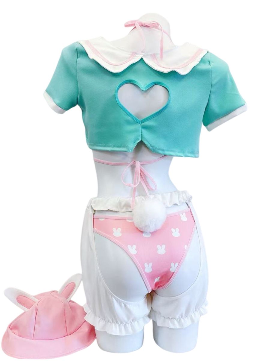 Kawaii Bunny Girl Cosplay Set Anime Crop Top and Pumpkin Shorts with Sun Hat and Bikini Set
