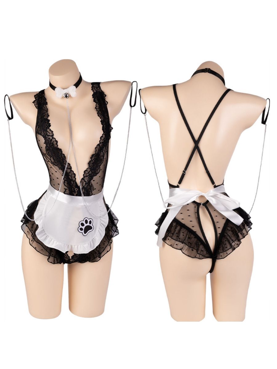 Exotic French Maid Teddy Lingerie Sheer Polka Dot Bodysuit with Chain Choker