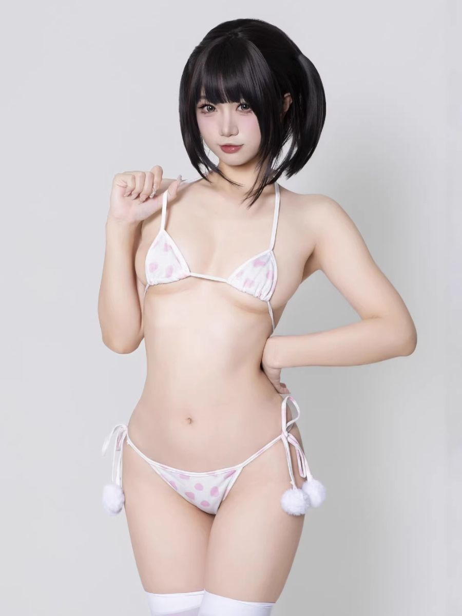 Kawaii Cow Print Cosplay Costume Anime Cow Ears Crop Hoodie with Bikini Set