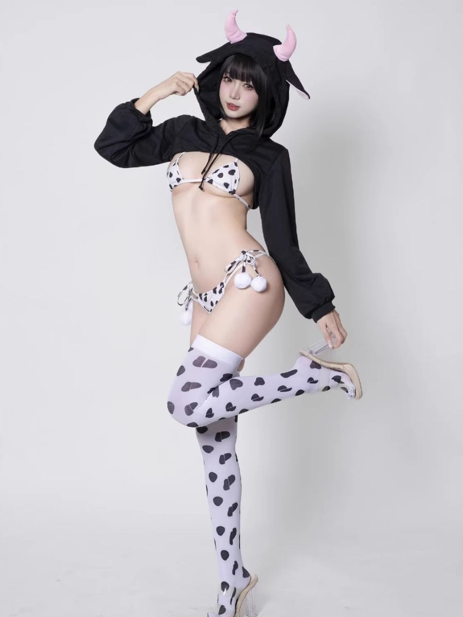 Kawaii Cow Print Cosplay Costume Anime Cow Ears Crop Hoodie with Bikini Set