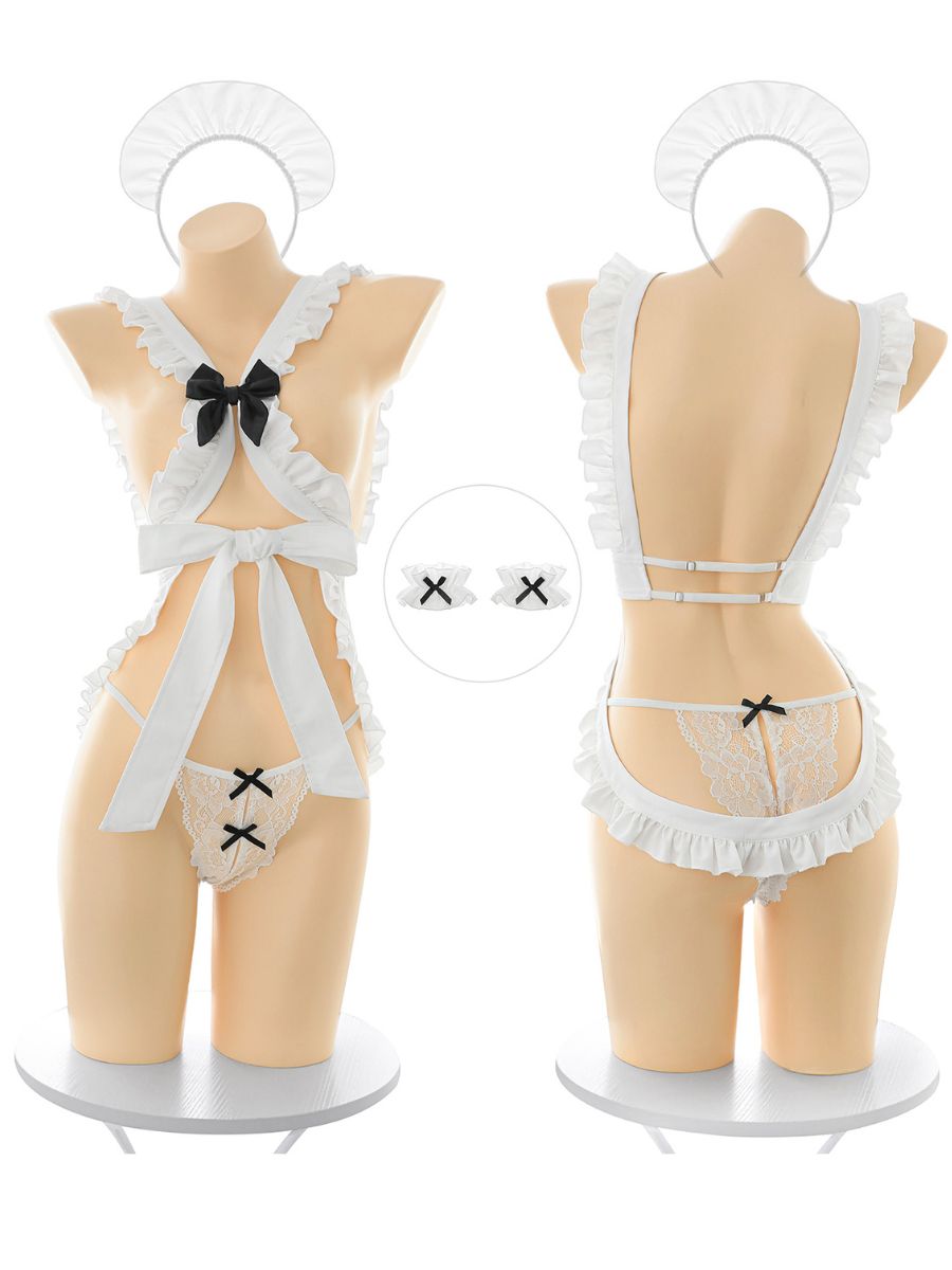 Cute White Maid Costume Set Anime Strappy Ruffled Halter Apron Cosplay Lingerie