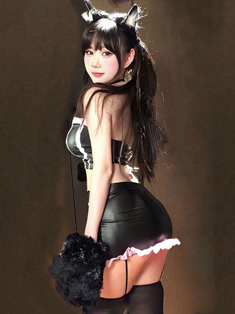Kawaii Cat Cosplay Costume Black Kitty Strapless Crop Top and Mini Skirt