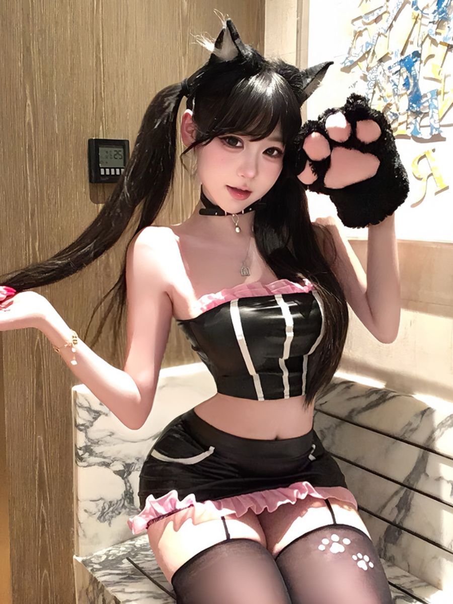 Kawaii Cat Cosplay Costume Black Kitty Strapless Crop Top and Mini Skirt