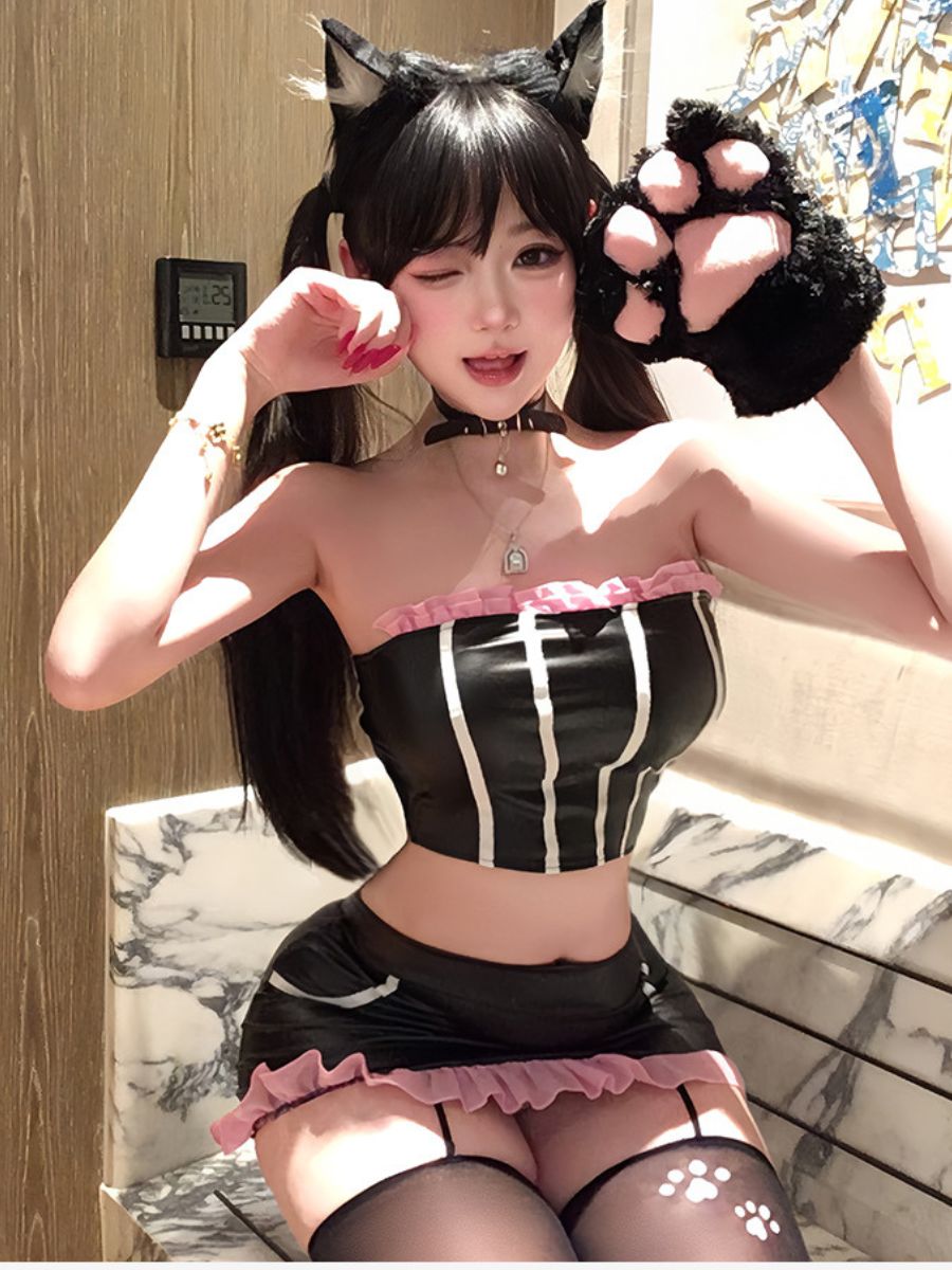 Kawaii Cat Cosplay Costume Black Kitty Strapless Crop Top and Mini Skirt