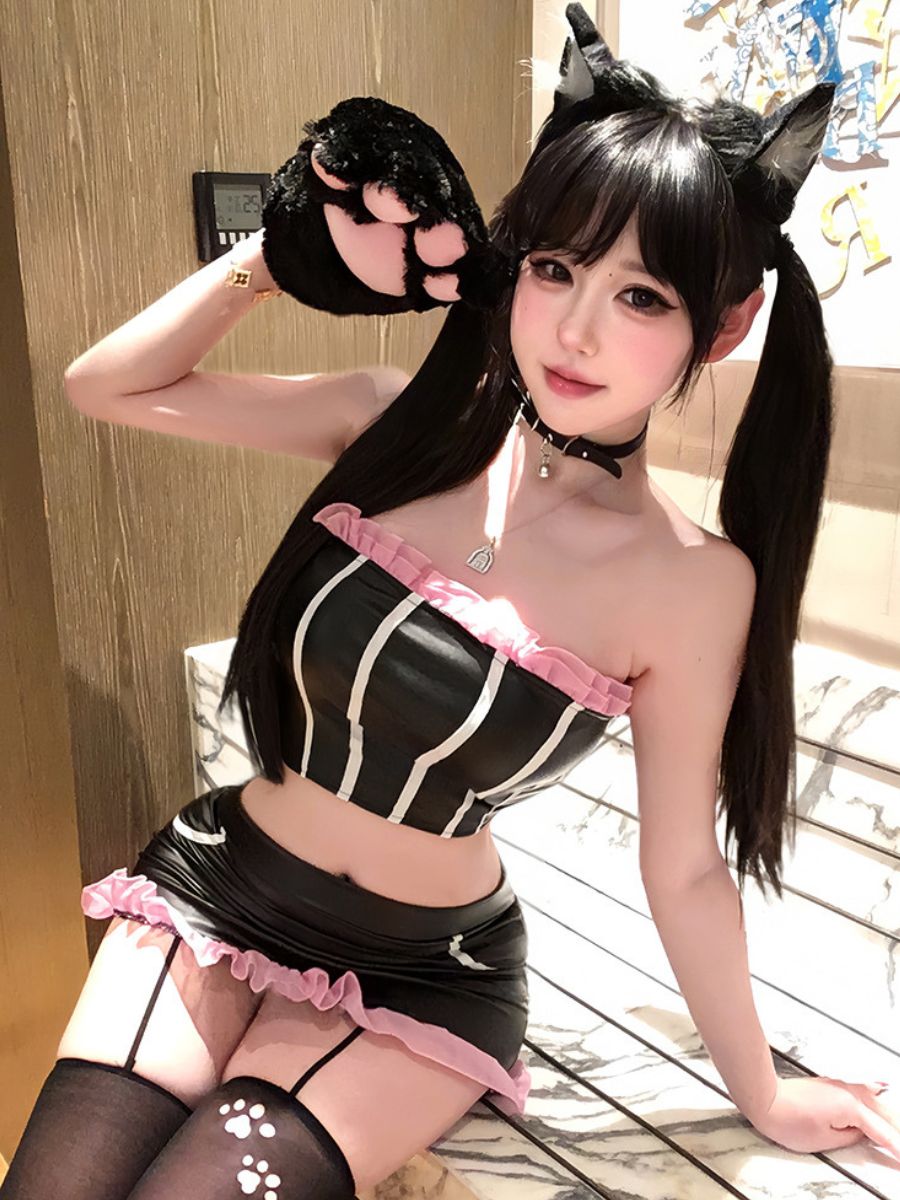 Kawaii Cat Cosplay Costume Black Kitty Strapless Crop Top and Mini Skirt