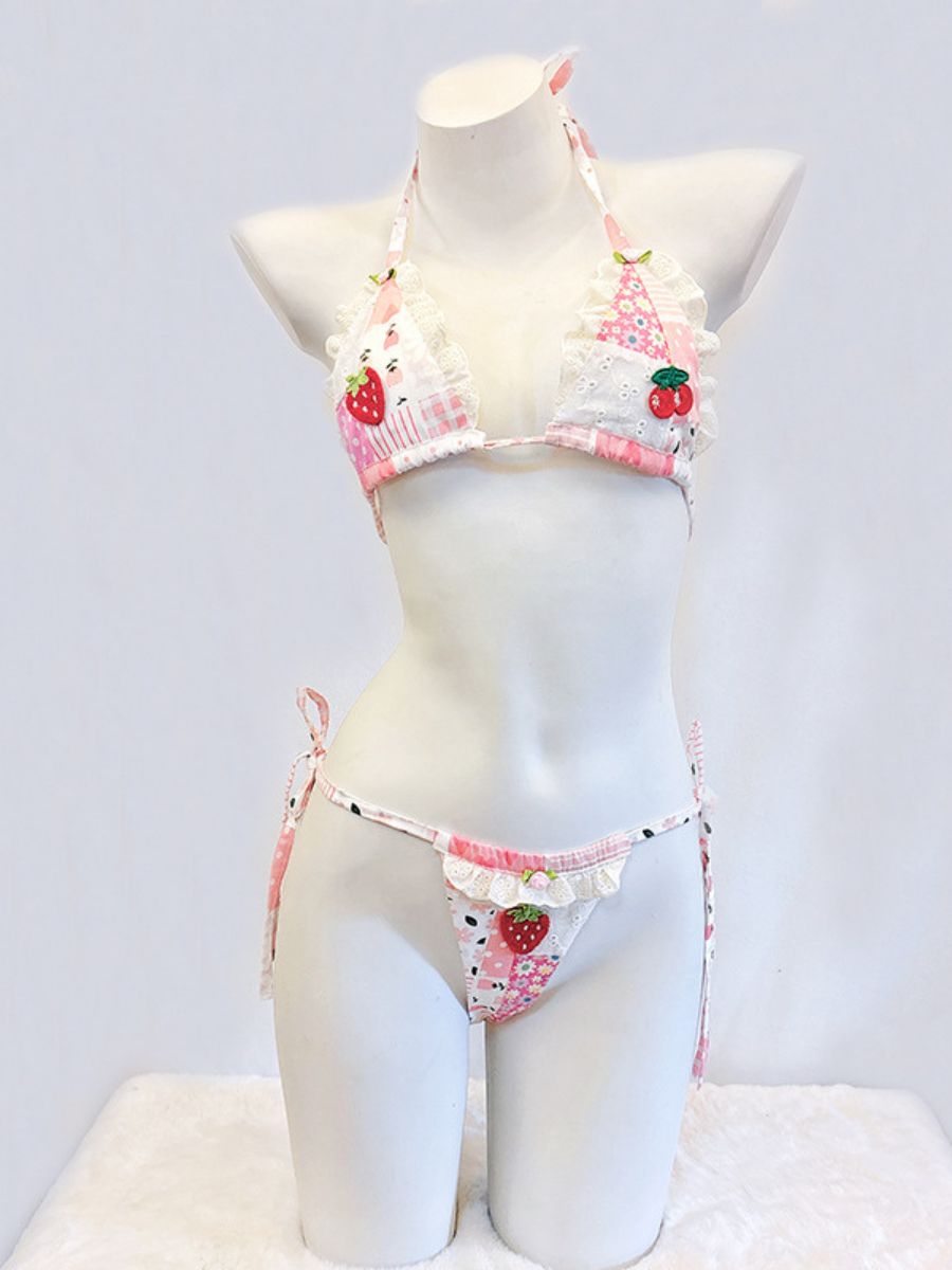 Kawaii Strawberry Bikini Set Two Piece Pink Patchwork String Swimsuit