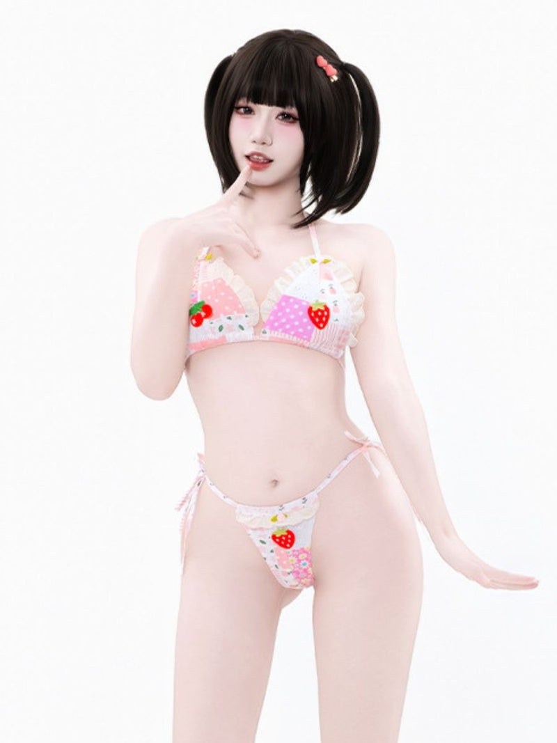 Kawaii Strawberry Bikini Set Two Piece Pink Patchwork String Swimsuit