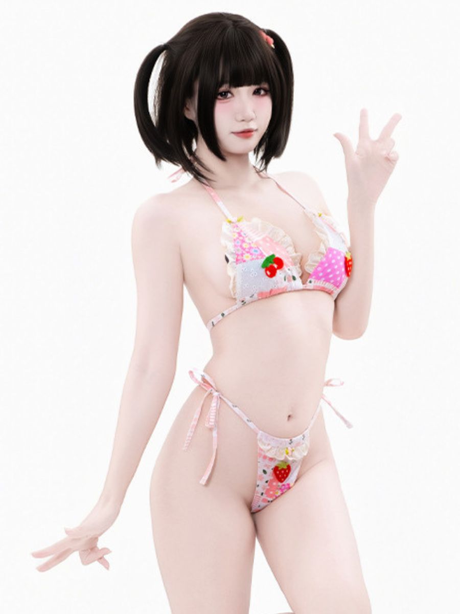 Kawaii Strawberry Bikini Set Two Piece Pink Patchwork String Swimsuit