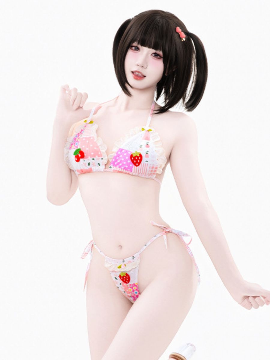 Kawaii Strawberry Bikini Set Two Piece Pink Patchwork String Swimsuit