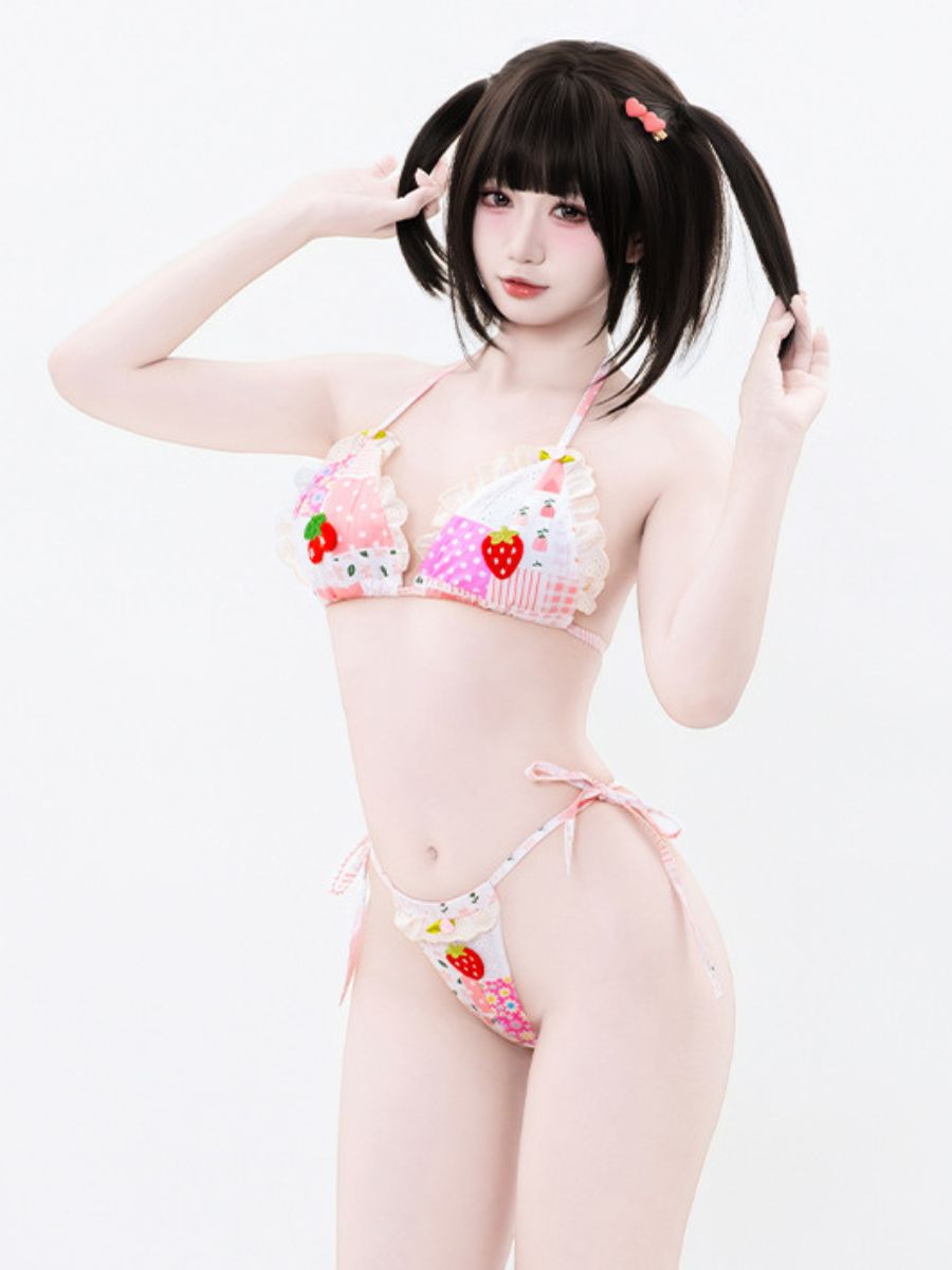 Kawaii Strawberry Bikini Set Two Piece Pink Patchwork String Swimsuit