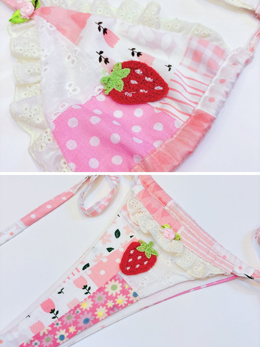 Kawaii Strawberry Bikini Set Two Piece Pink Patchwork String Swimsuit