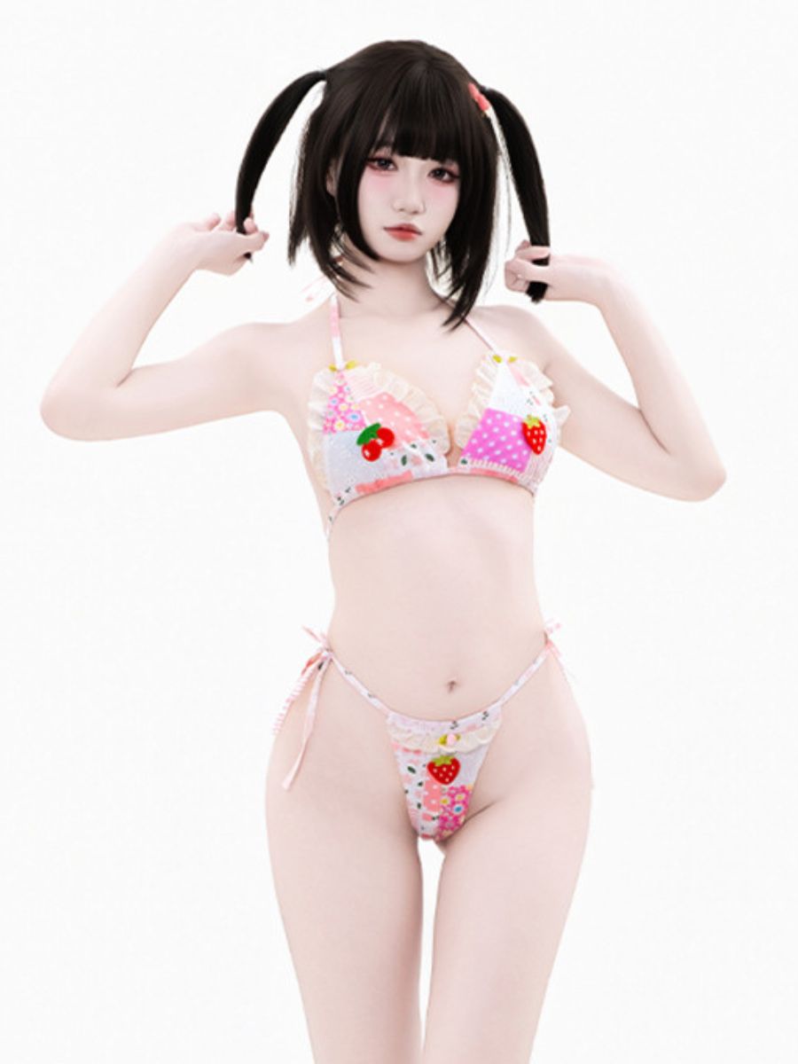 Kawaii Strawberry Bikini Set Two Piece Pink Patchwork String Swimsuit