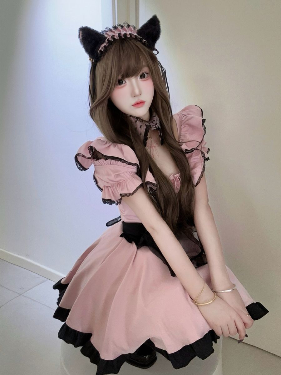 Kawaii Maid Costume Pink Lolita Ruffle Dress with Cat Ear Headband