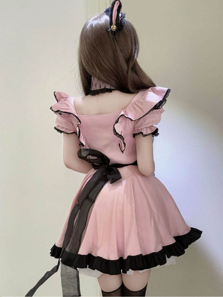 Kawaii Maid Costume Pink Lolita Ruffle Dress with Cat Ear Headband