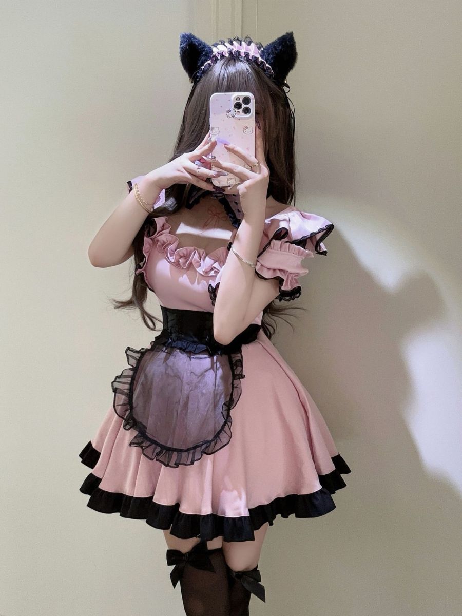 Kawaii Maid Costume Pink Lolita Ruffle Dress with Cat Ear Headband