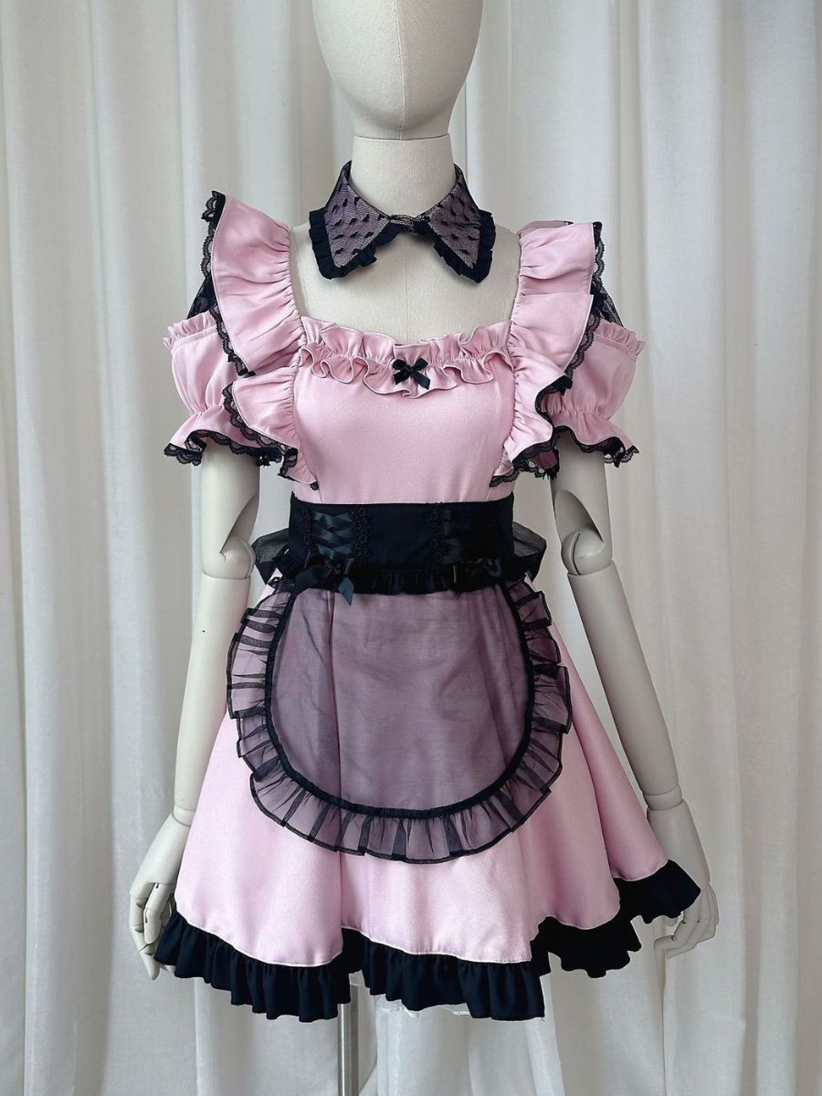 Kawaii Maid Costume Pink Lolita Ruffle Dress with Cat Ear Headband