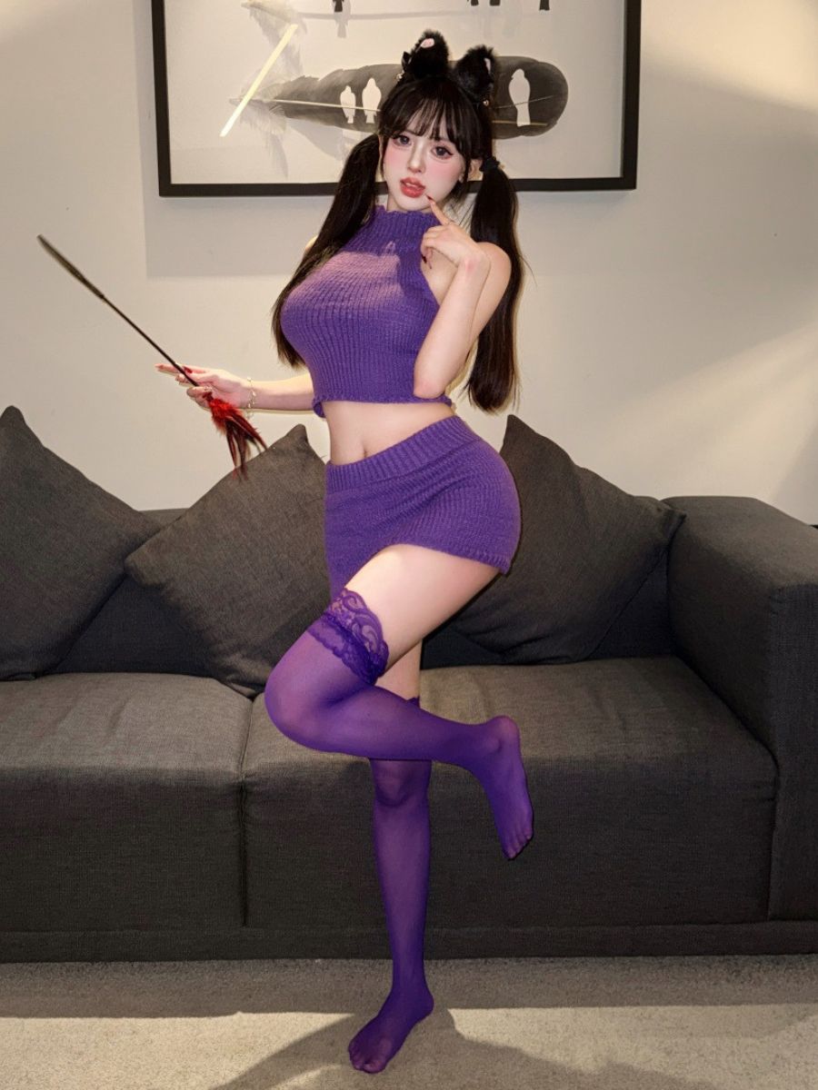 Kawaii Purple Knit Two Piece Set Anime Cat Girl Cosplay Crop Top and Mini Skirt