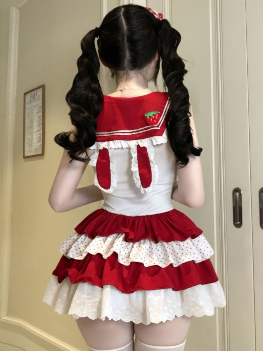 Japanese Sailor Girl Cosplay Costume Set Anime Lolita Tiered Ruffle Mini Dress