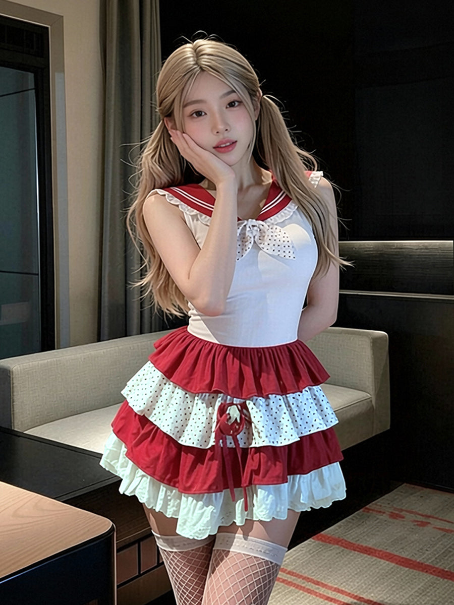 Japanese Sailor Girl Cosplay Costume Set Anime Lolita Tiered Ruffle Mini Dress