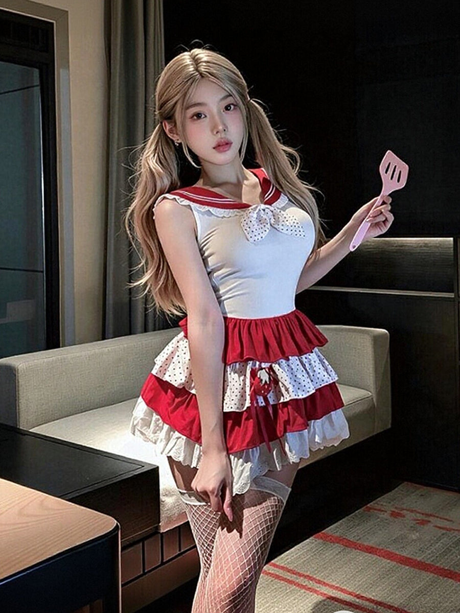 Japanese Sailor Girl Cosplay Costume Set Anime Lolita Tiered Ruffle Mini Dress