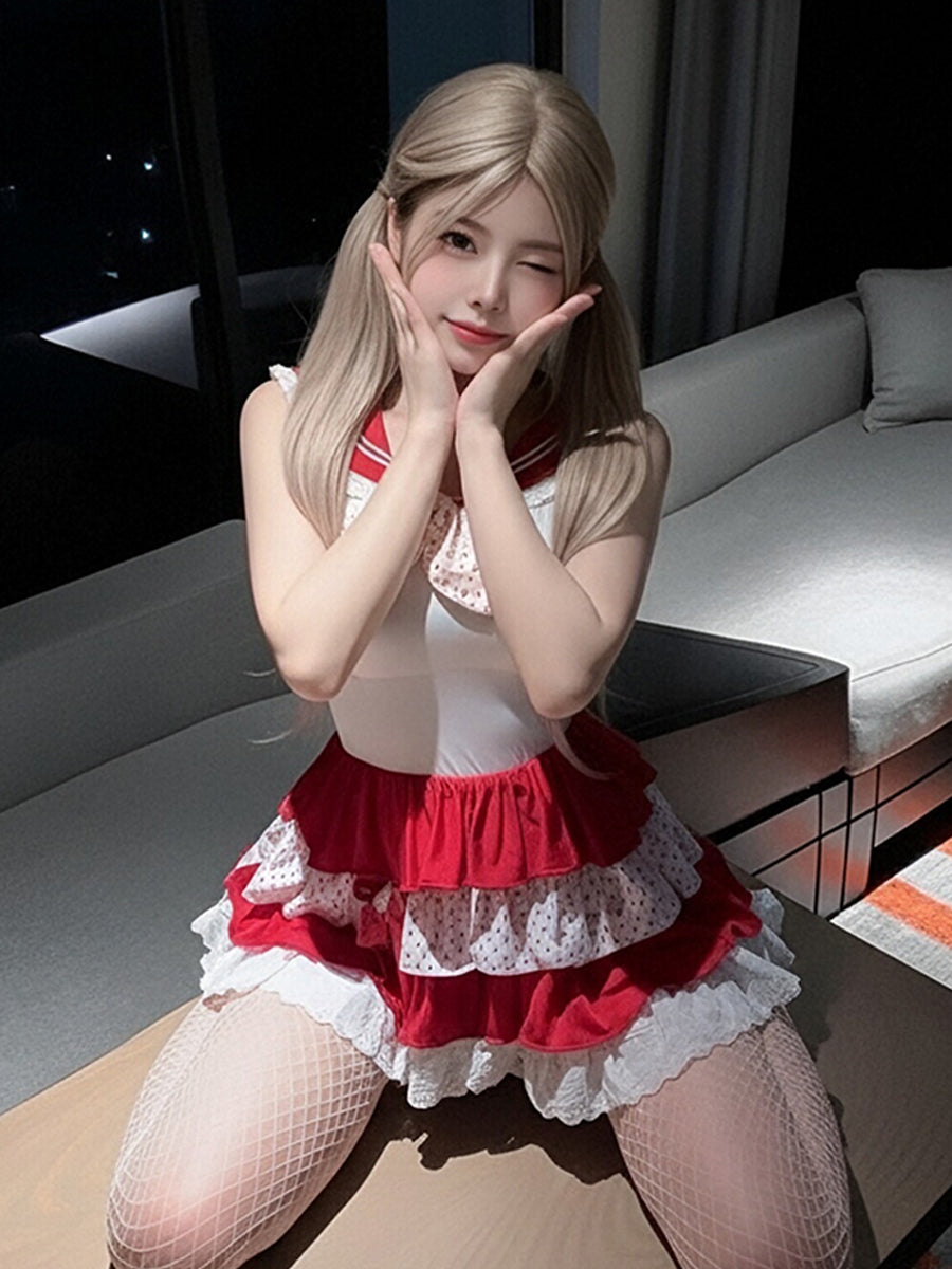 Japanese Sailor Girl Cosplay Costume Set Anime Lolita Tiered Ruffle Mini Dress