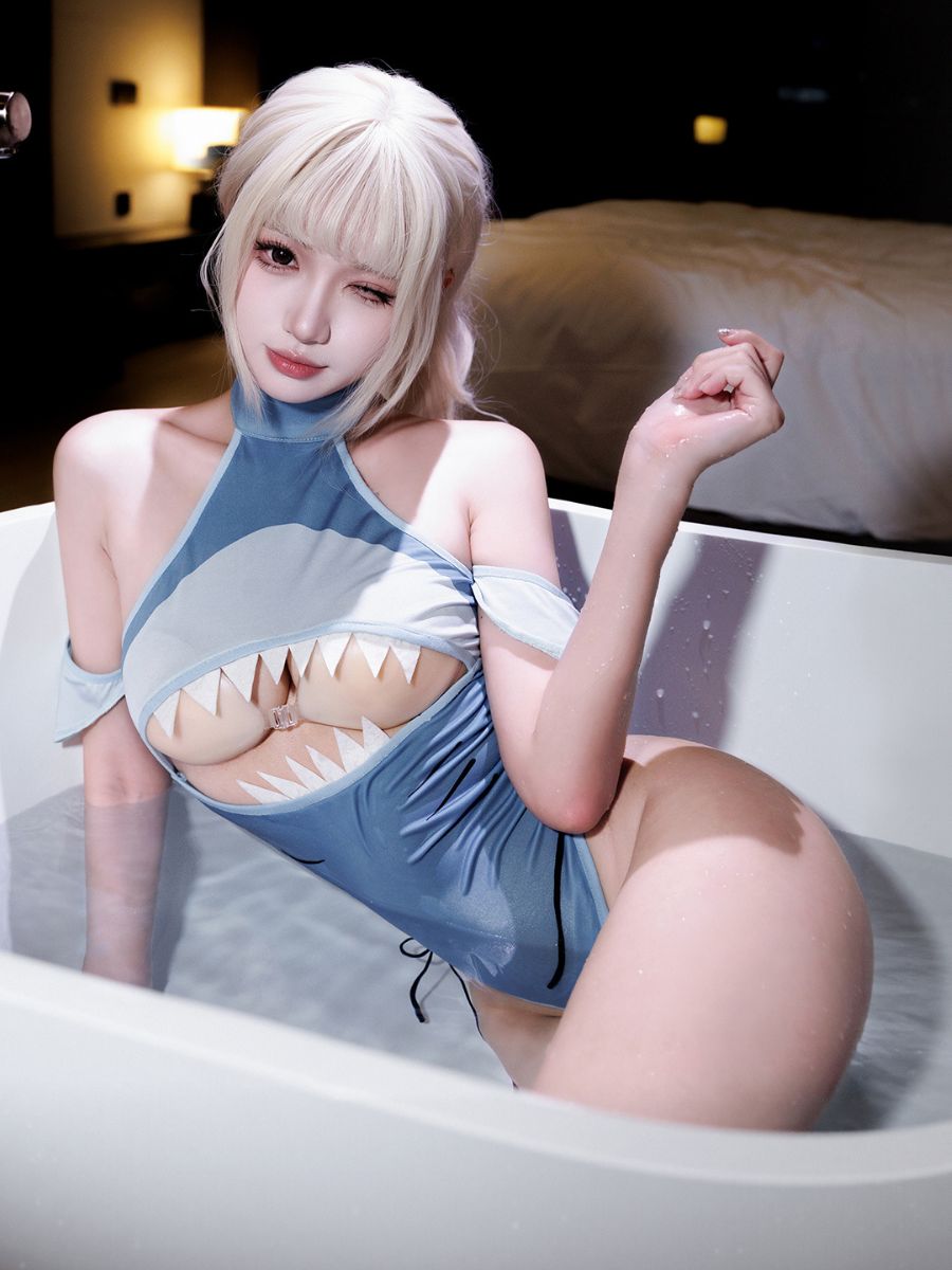 Anime Shark Cosplay Costume Sexy Ocean Blue Cut Out Halter Bodysuit Set