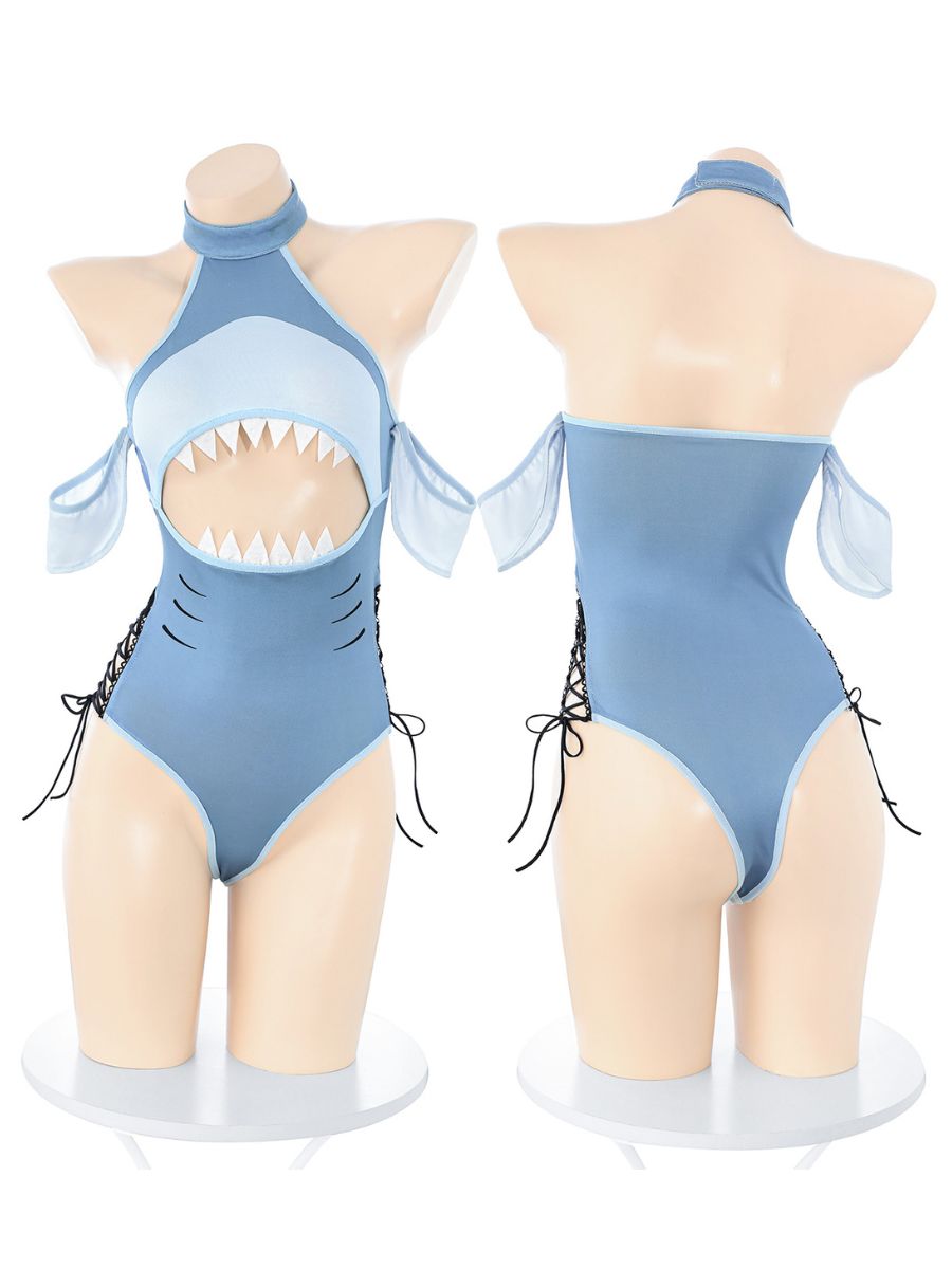 Anime Shark Cosplay Costume Sexy Ocean Blue Cut Out Halter Bodysuit Set