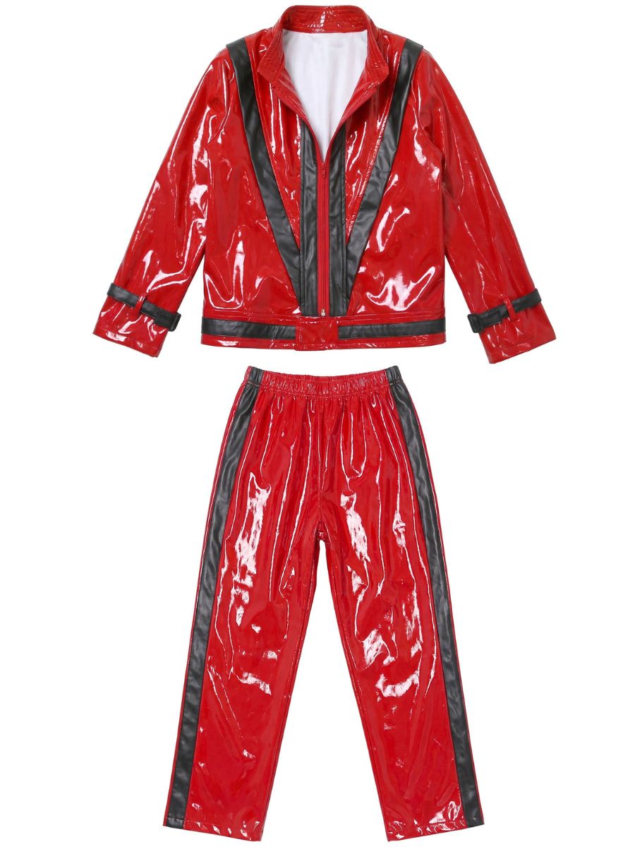 Michael Jackson Thriller Costume for Kids 80s Pop King Red Faux Leather Jacket and Pants