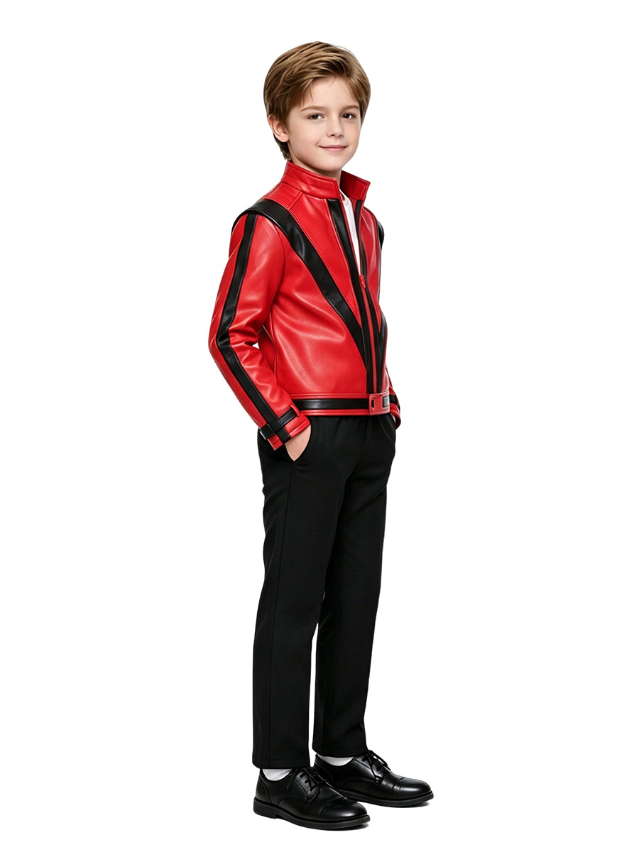 Kids Michael Jackson Thriller Costume 80s Pop King Red Faux Leather Jacket and Black Pants