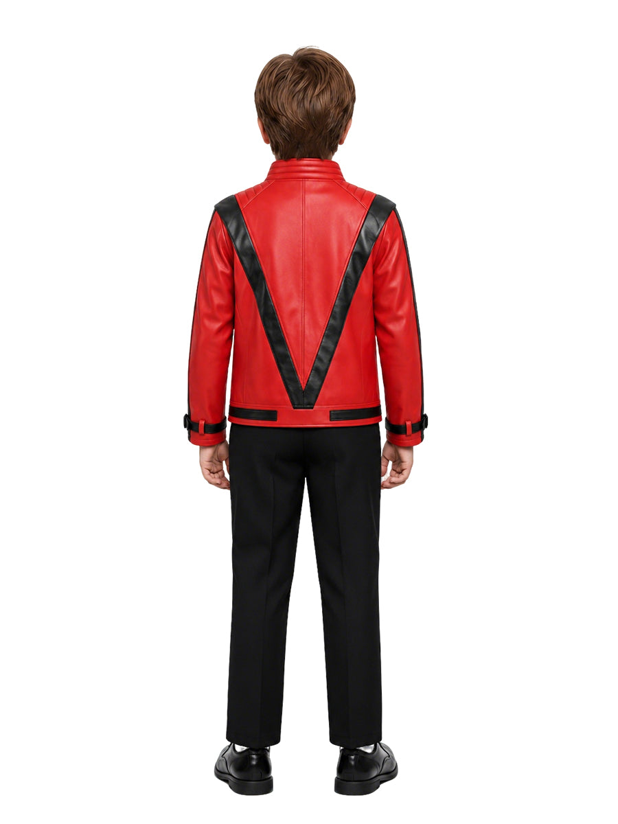 Kids Michael Jackson Thriller Costume 80s Pop King Red Faux Leather Jacket and Black Pants