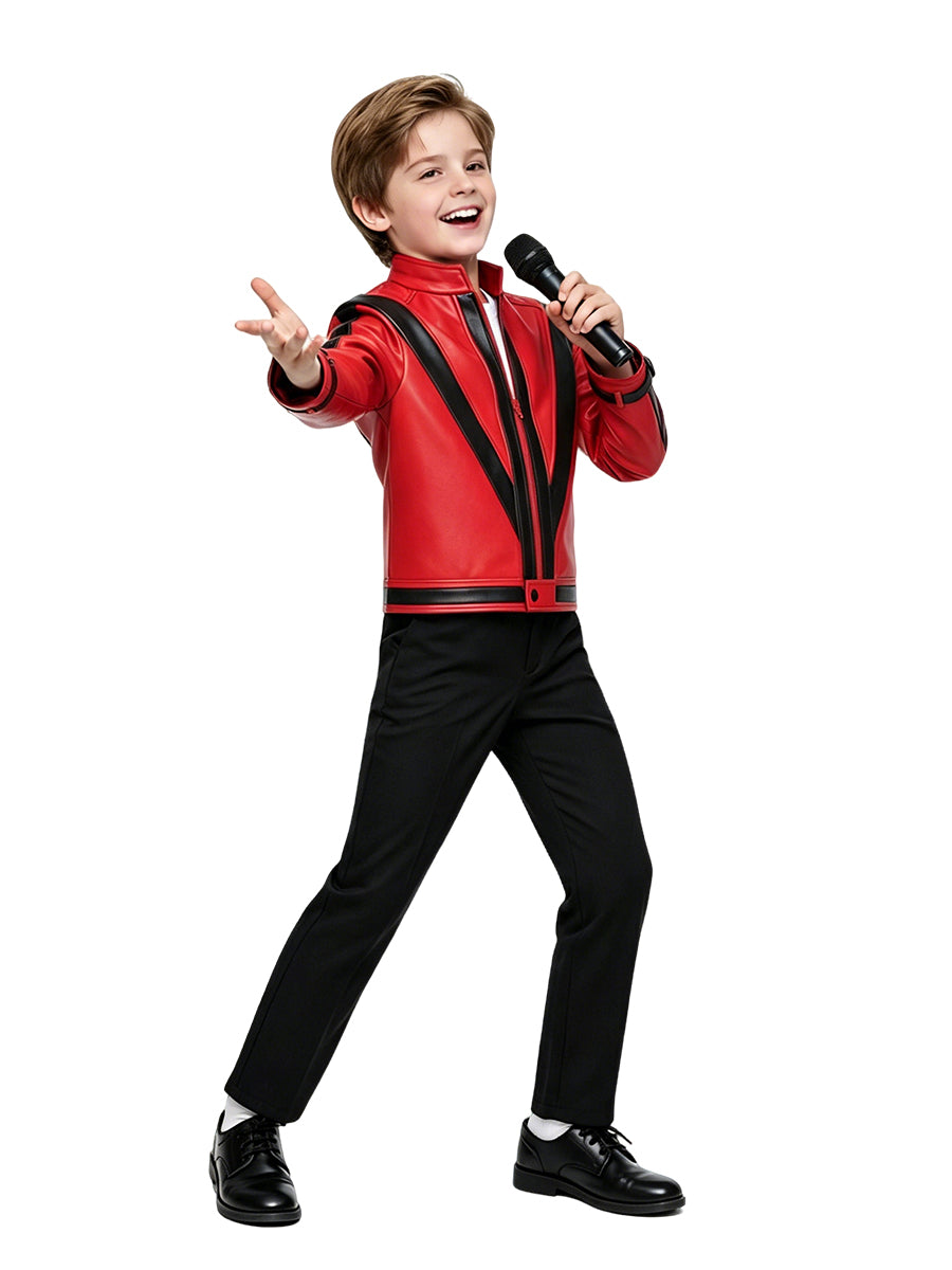 Kids Michael Jackson Thriller Costume 80s Pop King Red Faux Leather Jacket and Black Pants