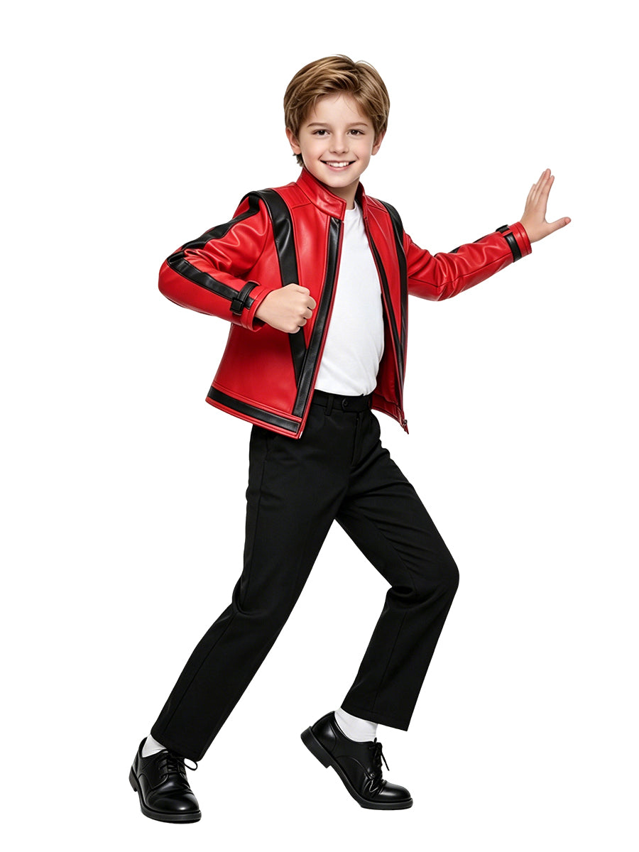 Kids Michael Jackson Thriller Costume 80s Pop King Red Faux Leather Jacket and Black Pants