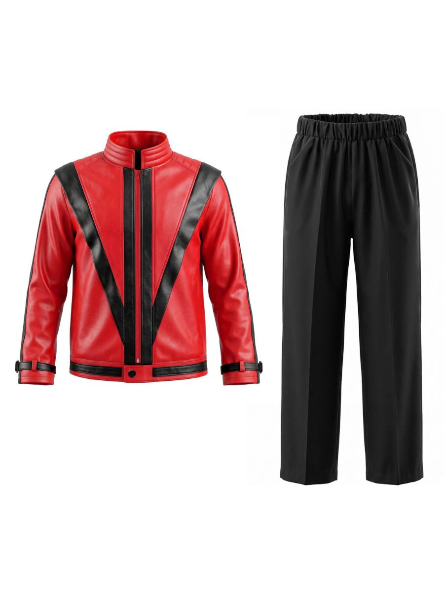 Kids Michael Jackson Thriller Costume 80s Pop King Red Faux Leather Jacket and Black Pants