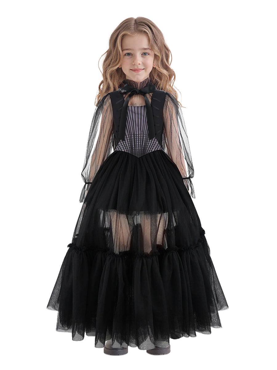 Kids Gothic Black Long Sleeve Tulle Dress Costume