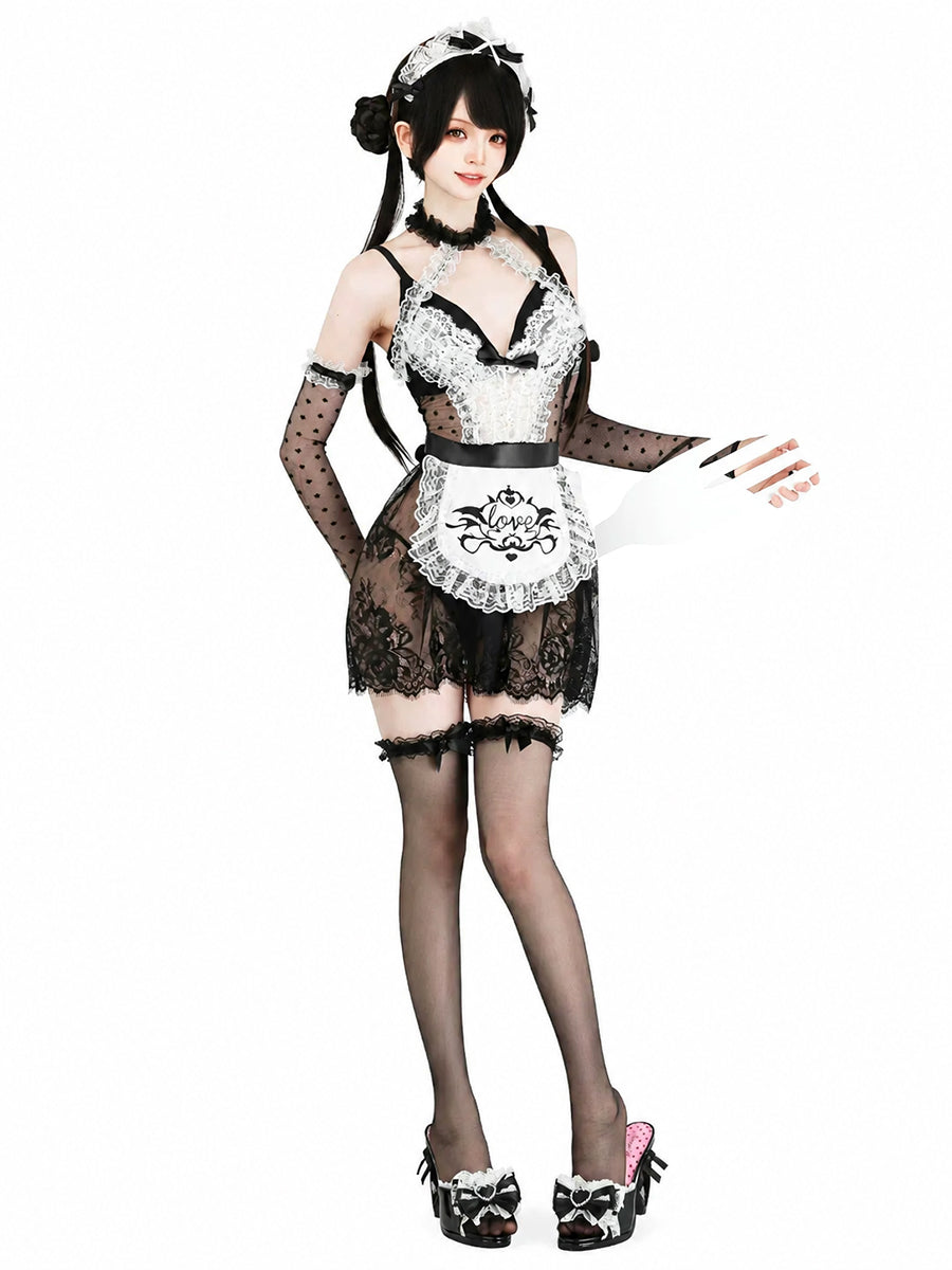 Sexy French Maid Lingerie Set Black Sheer Lace Anime Cosplay Babydoll Dress
