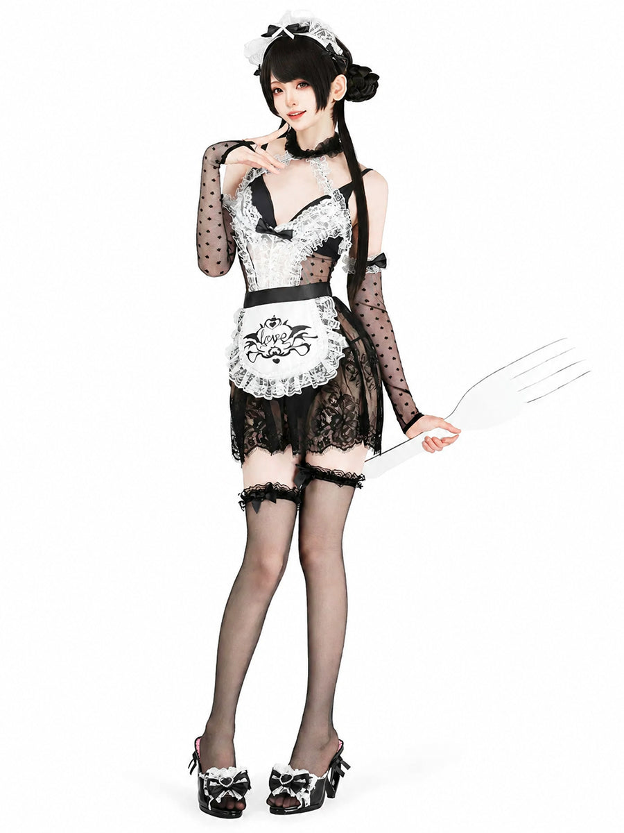Sexy French Maid Lingerie Set Black Sheer Lace Anime Cosplay Babydoll Dress