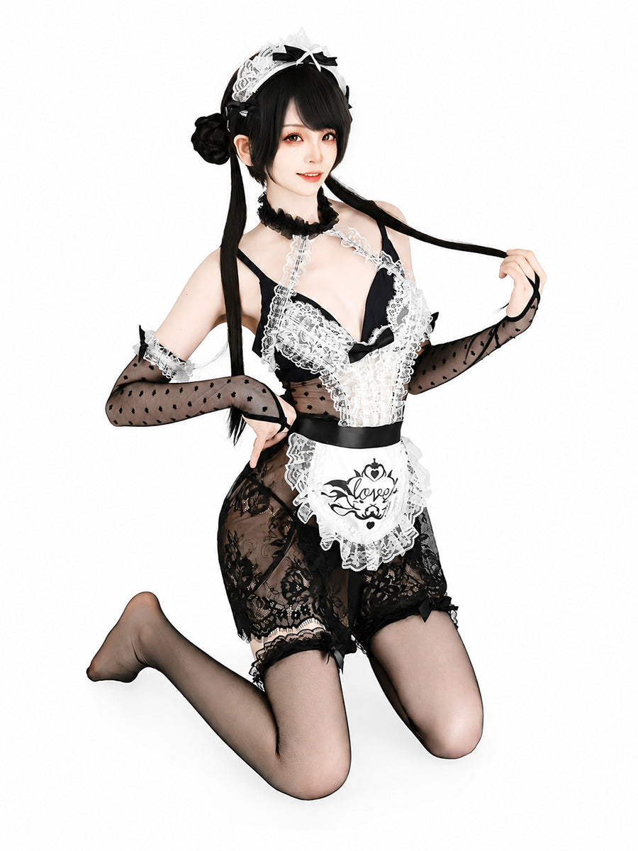 Sexy French Maid Lingerie Set Black Sheer Lace Anime Cosplay Babydoll Dress