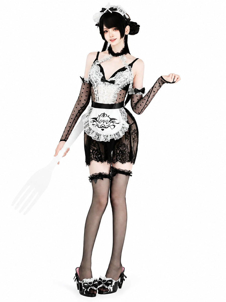 Sexy French Maid Lingerie Set Black Sheer Lace Anime Cosplay Babydoll Dress