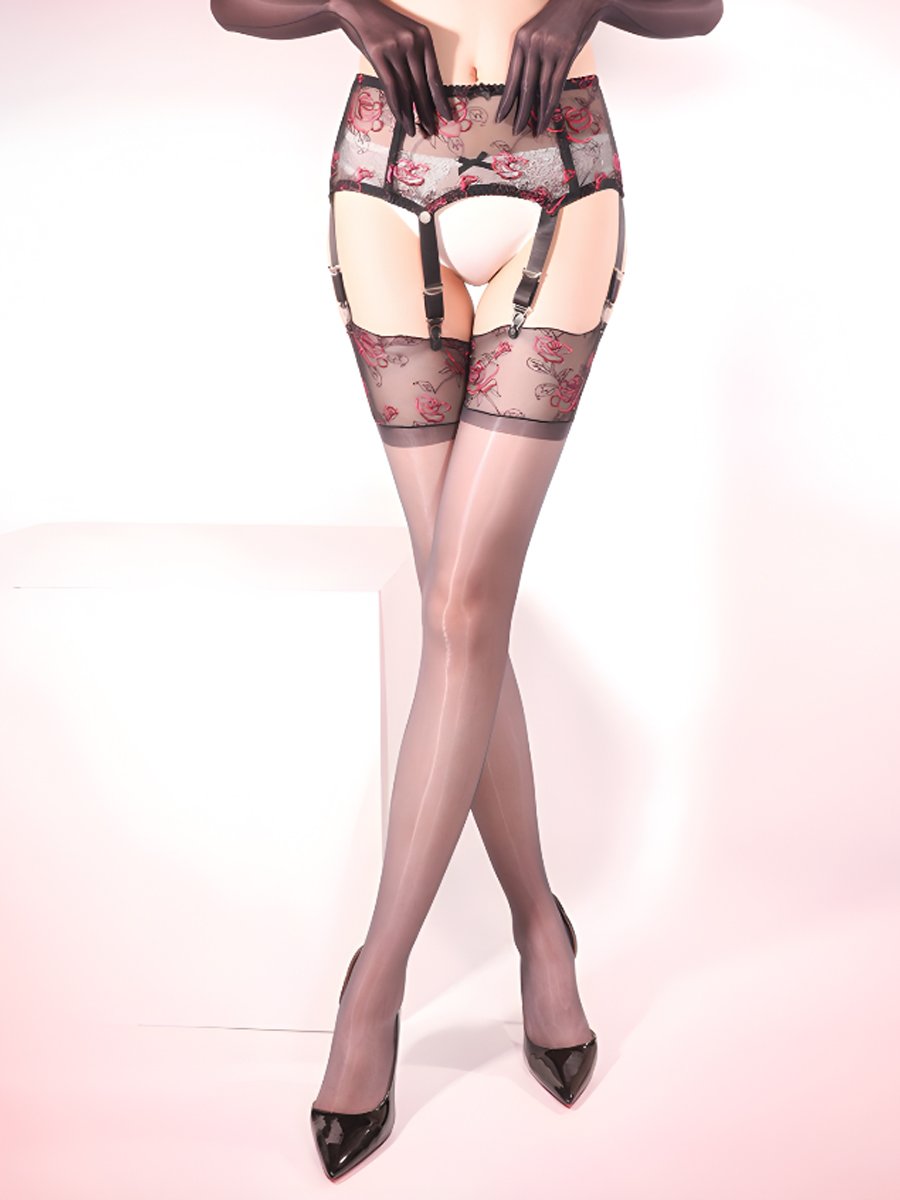 Embroidered Rose Thigh High Stocking