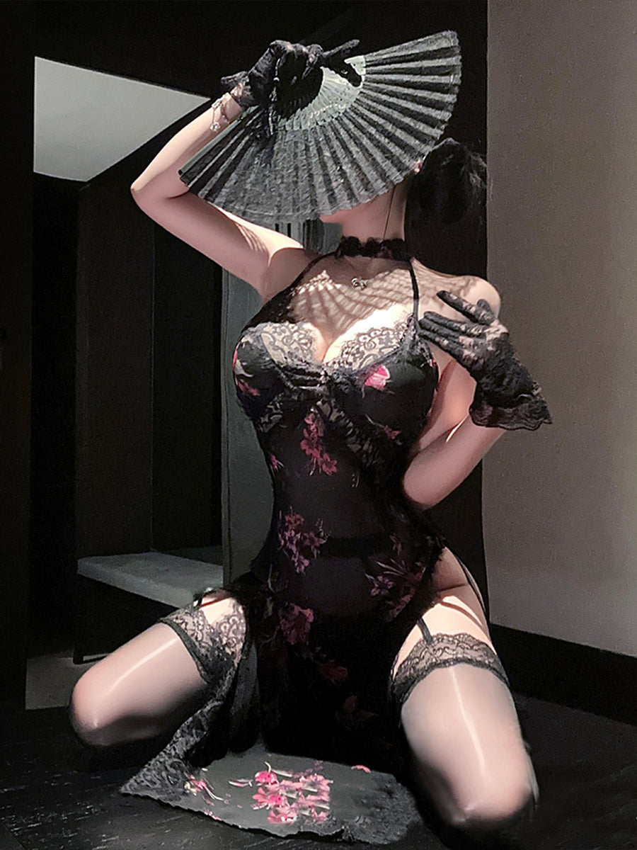 Sexy Floral Cheongsam Lingerie Black High Slit Chinese Style Babydoll Dress