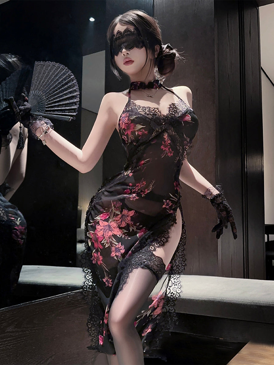Sexy Floral Cheongsam Lingerie Black High Slit Chinese Style Babydoll Dress