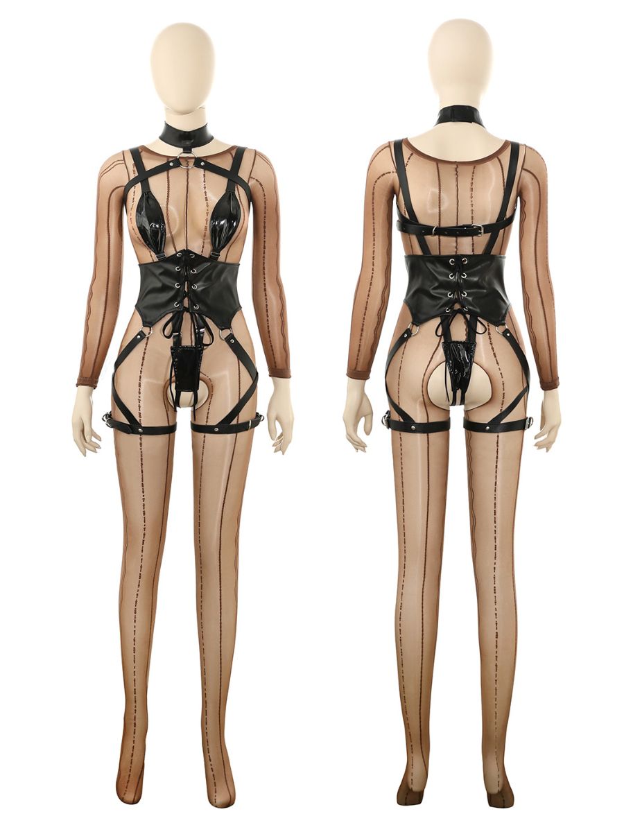 
Gothic Harness and Bodystocking Set with Patent Lether Corset Bodysuit and Choker
