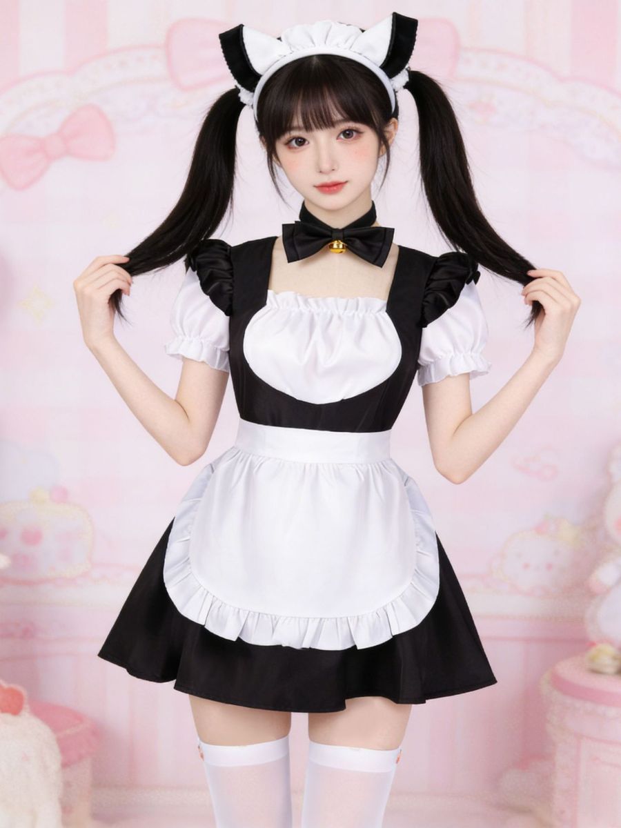 Kawaii Neko Maid Cosplay Costume Anime Lolita Ruffled Dress with Apron