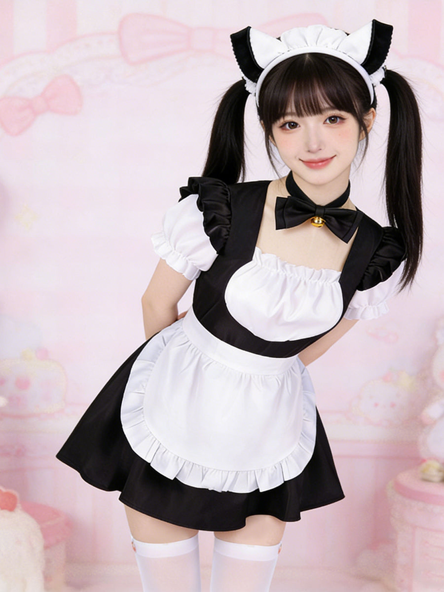 Kawaii Neko Maid Cosplay Costume Anime Lolita Ruffled Dress with Apron