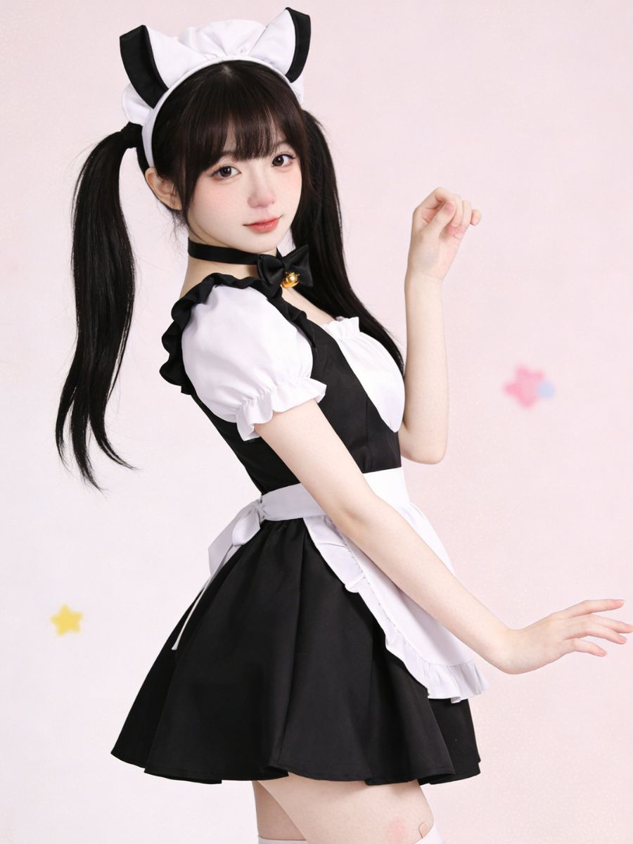 Kawaii Neko Maid Cosplay Costume Anime Lolita Ruffled Dress with Apron