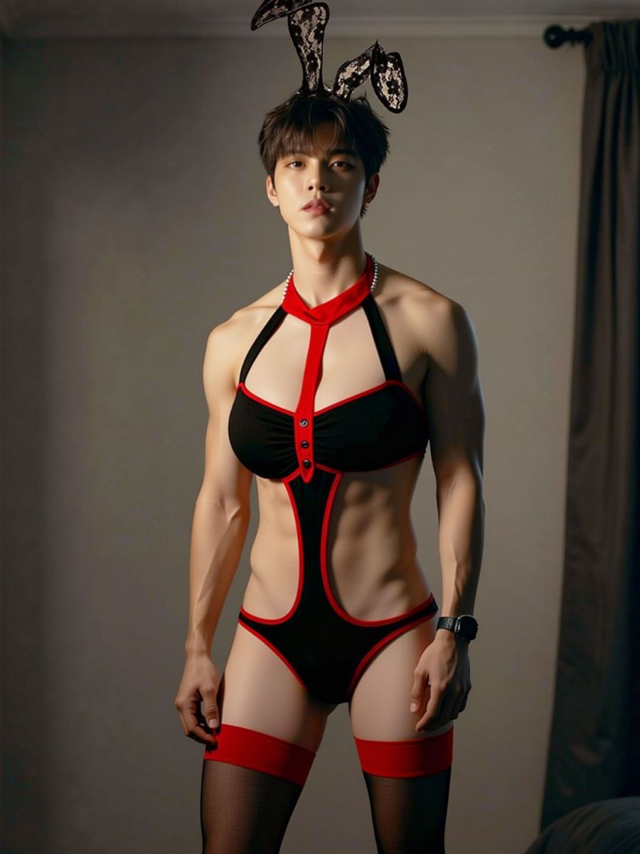 Men's Bunny Bodysuit Costume Sexy High Cut Teddy Lingerie Set with Bunny Ears Headband and Stockings