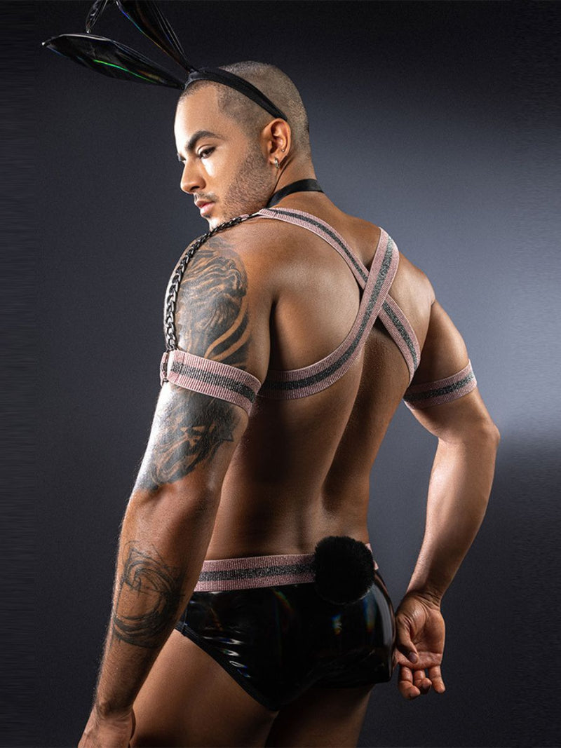Glossy Bunny Costume for Men Sexy Harness and PU Leather Briefs Set with Bunny Ears Headband