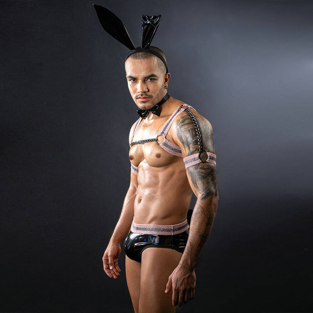 Glossy Bunny Costume for Men Sexy Harness and PU Leather Briefs Set with Bunny Ears Headband