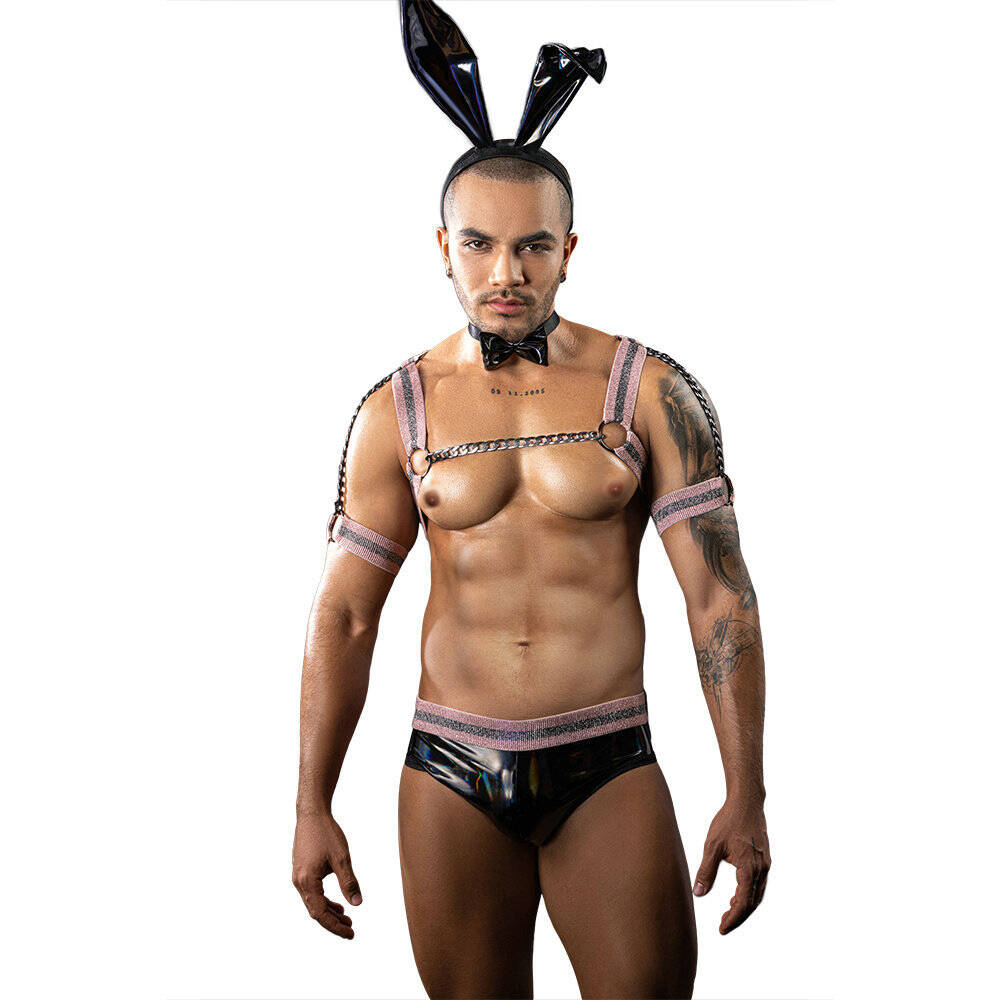 Glossy Bunny Costume for Men Sexy Harness and PU Leather Briefs Set with Bunny Ears Headband