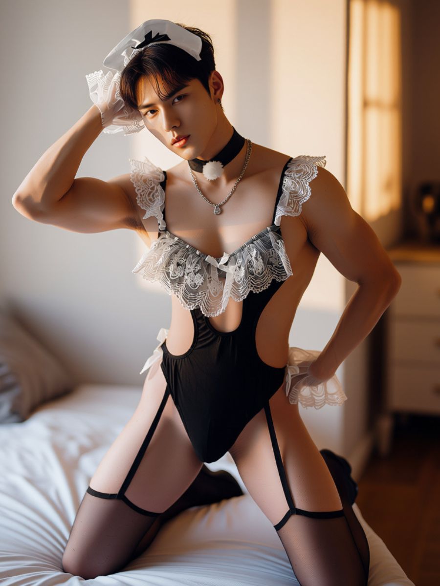Men's French Maid Cosplay Lingerie Set Frilly Lace Teddy Bodysuit with Headband